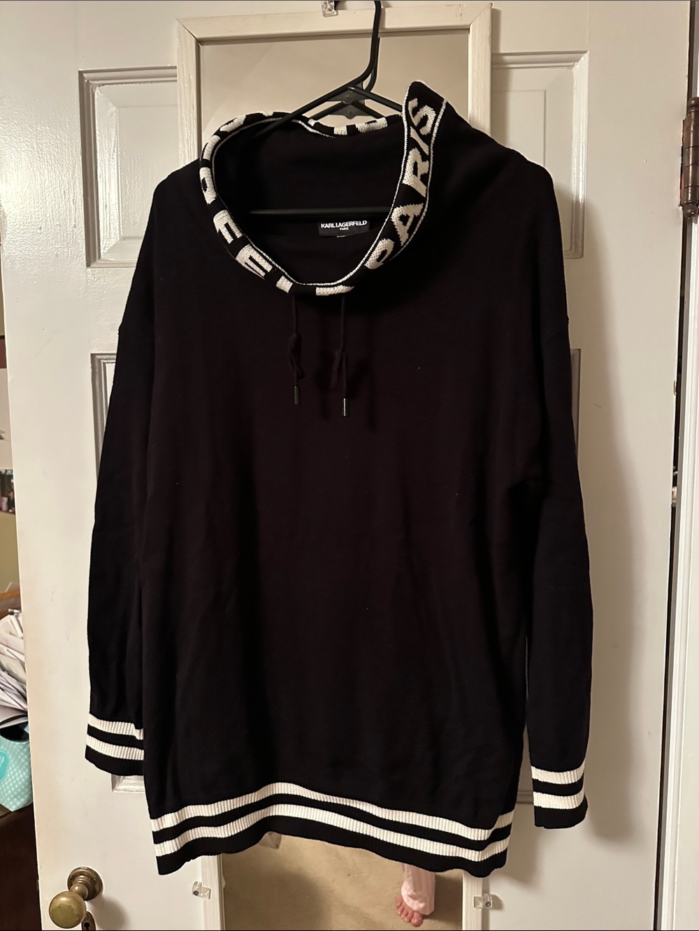 Karl Lagerfeld Black Cowl Neck Sweater with White Stripe Trim